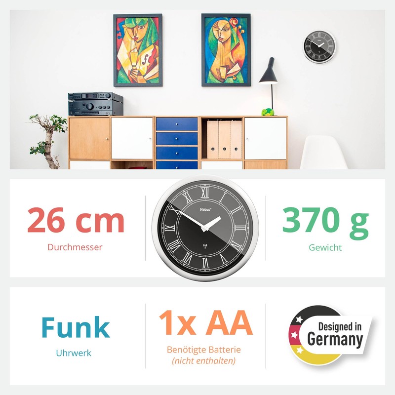 Mebus Radio Controlled Wall Clock 26cm Silent Roman Numerals Silver