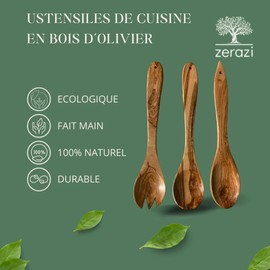 Zerazi Set of 3 Kitchen Utensils, Olive Wood, 1 Spoon, 1 Spatula, 1 Fork, 30 cm, Ecological, Fully Handmade, Durable, Hygienic
