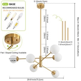 Deyidn Sputnik Chandelier, Gold Modern Chandeliers, Mid Century Ceiling Lighting Fixture 6-Lights with Milk White Glass Shade for Living Room, Kitchen, Bedroom, Dining Room, and Farmhouse