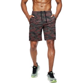 Pudolla Pantalones Cortos De Entrenamiento para Correr, Pantalones Cortos Deportivos Ligeros para Gimnasio con Bolsillos con Cremallera (Camuflaje Rojo Grande)