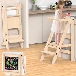 Foldable Toddler Tower, Wooden Toddler Kitchen Stool with 3 Adjustable Heights and Removable White/Blackboard, Montessori Foldable Learning Tower Kitchen Stool, Natural Wood