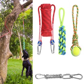 Yummy Sam Dog Ropes Toy,16.8 ft Rope & Spring Pole Pole Kit & 2 Chew Toys, Outdoor Hanging Retractable Exercise Interactive Pull Tug Muscle Builder for Medium Large Dogs (Red Green)