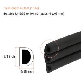 uxcell 49 Ft Weather Stripping Seal Strip for Doors/Window, 5/16 Inch x 3/8 Inch Self Adhesive D Type Foam Sealing Tape, Soundproofing Door Seal Strip Black