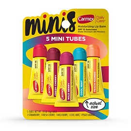 Carmex Daily Care Minis - Tubos de bálsamo labial hidratante con SPF 15, fresa, menta fresca, bayas silvestres, mango de melocotón y cereza fresca, paquete de 0.18 onzas cada uno, 5 unidades