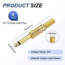 sourcing map 5 Pcs 1/4" Audio TS Plug, 6.35mm Mono Male Plug Cable Connector, TS Male Audio Cable Adapter for Speaker, Microphone, Guitar, 3.11" Gold