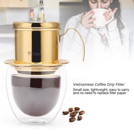 HAOHIZE Vietnamese Coffee Drip Filter, Vietnamese Coffee Maker Filter Paper Stainless Steel Camping Coffee Maker Small French Press Portable Cup, Single Serve Coffee Cup Maker (Gold)