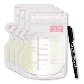 CAYRAM 100 pcs Bolsas para Leche Materna 250ml,Recolector de Leche Materna Doble Selladas,Sacos de Almacenamiento de Leche Refrigeradas (100)