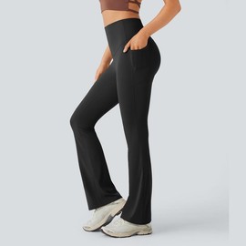 Halara UltraSculpt™ SoCinched High Waisted Tummy Control Pocket Shaping Yoga Bootcut Leggings:_Black_tall_M(8 - 10)
