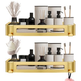 NearMoon Bathroom Shower Caddy 2 Pack, No Drill 304 Stainless Steel Shower Organizer with 2 Hooks (Shower Shelf, Gold)