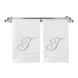Pretty Monogrammed White Turkish Cotton Bath Hand Towel Set of 2 with Embroidered Silver Script T | 16"x 30" Soft Terry Finish Extra Absorbent Quick Dry Plush Luxury Bathroom Kitchen Spa Bath Towel