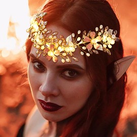 Formery Light Up Fairy Headpiece Gold LED Pink Crystal Flower Elf Headband Garland Renaissance Wedding Handmade Pearl Floral V-shape Elven Circlet Tiara for Women and Girls