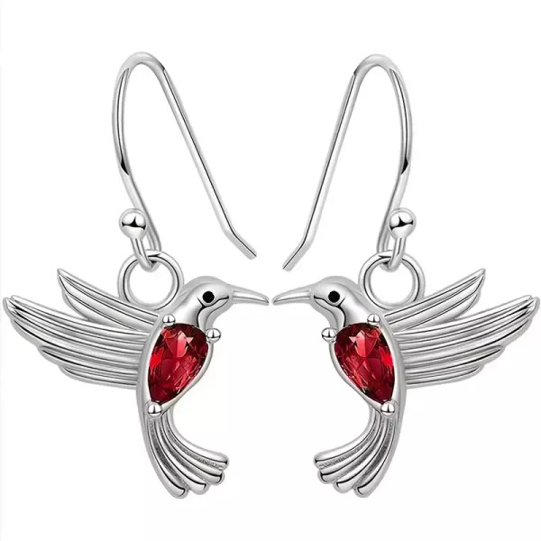 Unbranded Silvertone Hummingbird Red Zircon Dangle Hook Earrings - New