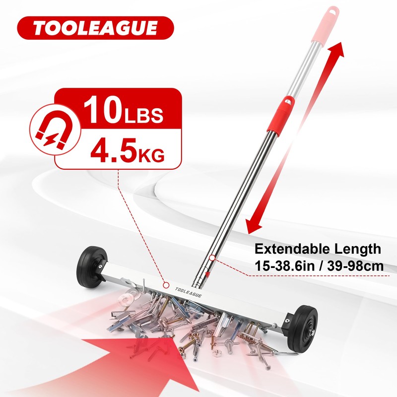 TOOLEAGUE 17" Rolling Magnetic Sweeper with Wheels,Telescoping Adjustable Handle,10Lb Capacity