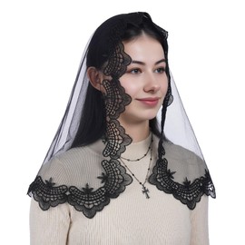 Bozidol Mantilla D-Shaped Sacred Heart Embroidered Veil for Women Church Mass Catholic Events - Black with Sacred Heart and Rose Embroidery