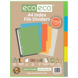 eco-eco A4 50% Recycled Multipunched Reinforced Colour Set 5 Subject Index File Dividers 200mic (Pack of 2)
