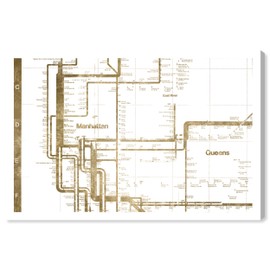 The Oliver Gal Artist Co. Maps Wall Art Canvas Prints 'Manhattan Subway Tracks Home Décor, 24" x 16", Gold, White
