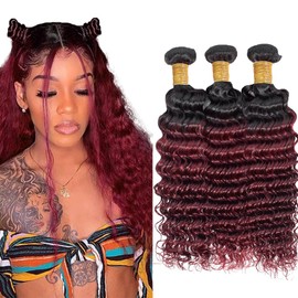 Ombre Burgundy Bundles 1b99j Deep Wave Human Hair Bundles Two Tone Black And Red Bundles 8 10 12 Inch Burgundy Deep Wave Bundles Hair Extensions
