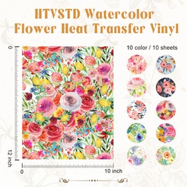 HTVSTD Flower HTV Vinyl - 10 Sheets (12inches*10inches) Floral Heat Transfer Vinyl Watercolor HTV Vinyl Patterned HTV Iron On Vinyl for T-Shirts Compatible with Sillhoutte Cameo and Cricut