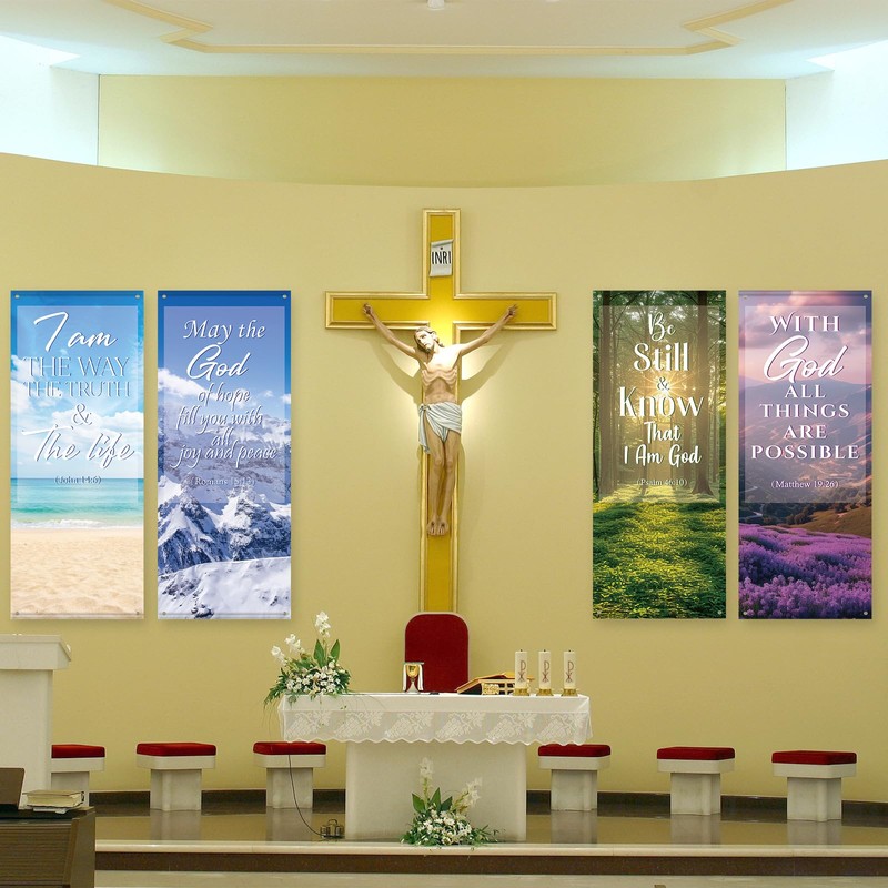 4Pcs Church Banners with Scripture for Sanctuary Wall Worship Classical