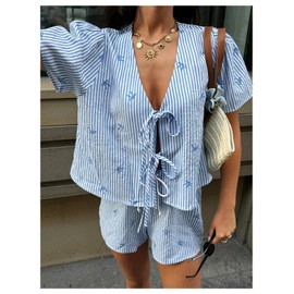 WDIRARA Women's Striped 2 Piece Set Bow Tie Blouse Drawstring Shorts Vacation Leisure Outfits Blue Large