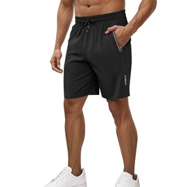 QOSOQ Men's Athletic Shorts with Zipper Pockets: Lightweight, Quick-Drying, Casual Fitness Shorts Black