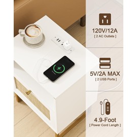 Masupu Rattan Nightstand with Charging Station,Modern Boho Farmhouse Wood Bedside Table with Storage Drawer and Open Shelf,Small Gold Frame Side End Table for Bedroom,Living Room,Office White