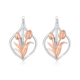 Tulip Earrings 925 Sterling Silver Tulip Flower Hoop Earrings Sweet Flower Leverback Earrings Hinged Hoop Earrings Rose Gold Tulip Jewelry Gifts for Women Girls Children