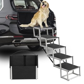 Deergym Dog Stairs for Large Dogs - 5 Step Wide 16in High 34in Foldable Dog Ramp for Car Non-Slip Surface Support up to 230lbs - Suitable for SUV,Truck, Sofas, Bed
