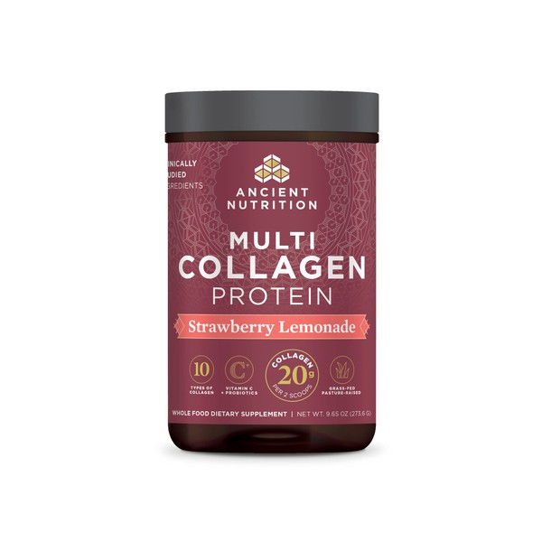 Ancient Nutrition Collagen Powder Protein, Multi Collagen Protein Powder, Strawberry Lemonade, 24 Servings, w/Vitamin C, Hydrolyzed Collagen Peptides for Skin, Nails, Gut Health and Joints, 9.65oz