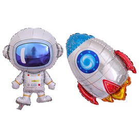 ANCLLO 4pcs Cute Large Size Outer Space Cartoon Balloons Astronaut Balloons Rocket Balloons for Planet Themed Party Supplies Shower Birthday Party