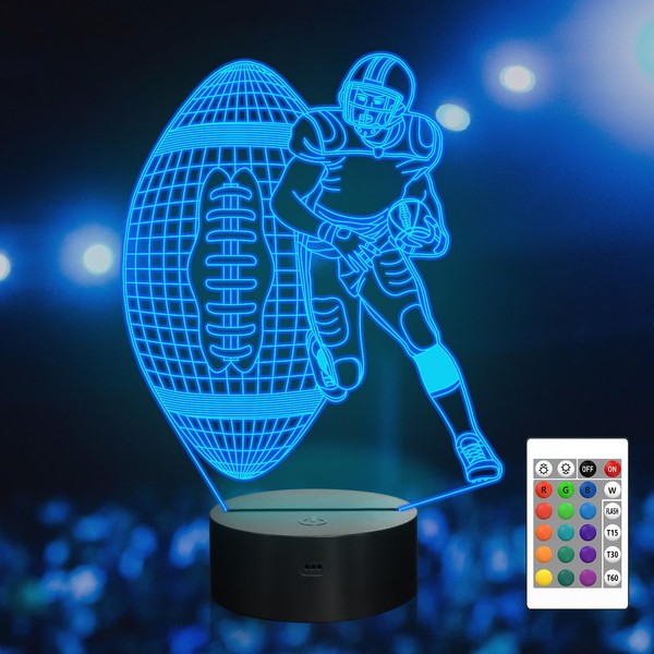 Football Player 3D Nightlight, Attivolife Rugby Illusion LED Lamp with Remote & Touch Control, 16 Colors Changing Dimmable, Great Bedside Decor Birthday Gift for Outsports Lover Children Kids Boys