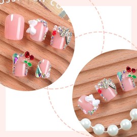 French Tip Press on Nails Short Square Fake Nails Rhinestone Acrylic Nails Glossy Nude Pink False Nails with Designs Bow Butterfly Charm Glue on Artificial Nails for Women Manicure Art Decoration