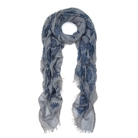 Unique Viscose Aztec Elephant & Paisley Print Frayed End Scarf, Grey