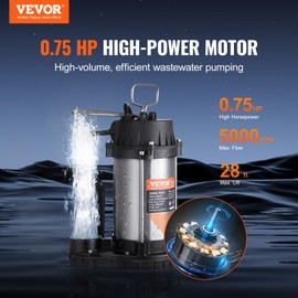 VEVOR Submersible Sewage Pump, 0.75HP 5000 GPH, Cast Iron Sewage Water Pump with 28 ft Lift 10 ft Power Cord and Automatic Float Switch, Stainless Steel for Clean Flooded Basement Yard Farm Sewer