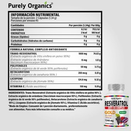 Suplemento Antioxidante. Resveratrol 1340mg con Polifenoles, Betacaroteno, Licopeno y Vitamina C. más Magnesio Fem, Fórmula de Citrato de Magnesio para mujeres. Purely Organics. (Combo Resveratrol y Magnesio Fem 90 Cápsulas)