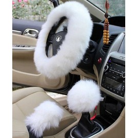 Yontree Fashion Fluffy Steering Wheel Covers for Women/Girls/Ladies Australia Pure Wool 15 Inch 1 Set 3 Pcs (White)