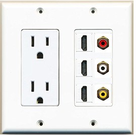 RiteAV - 2 x 15 Amp 125V Power Outlet 3 x HDMI and 3 x RCA Port Wall Plate - White