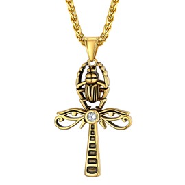 Bestyle Necklace Horus Eye Pendant Egyptian Cross Ankh with Scarab / Zircon Jewellery Men Boys Stainless Steel Chain 56 + 5 cm Silver Gold Black, Cubic Zirconia Stainless Steel, Rhinestone