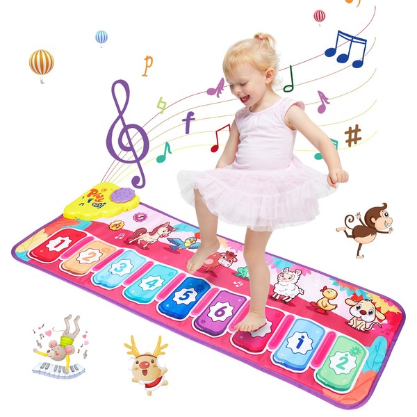 Januts Kids Piano Mat Music Dance Mats Multi-function Touch Play Keyboard Mat with 9 Keys & 8 Animal Sounds Musical Carpet Mat Dancing Toy Educational Musical Instruments Toys Age 3+ Boys Girls, Pink
