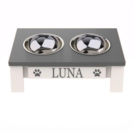 GrooveThis Woodshop Luxury Pet Feeder - Elevated Stand with Stainless Steel Bowls for Small Dogs & Cats, Anti-Slip, Easy Clean, Chic & Durable Design (Tilted, Grey)