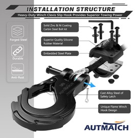 AUTMATCH Winch Hook 3/8" - Clevis Slip Hook with Safety Latch & Winch Cable Hook Stopper, Grade 70 Forged Steel Max 39,600Lbs Work for Winch Rope, ATV, UTV, Off Road Vehicle, Black