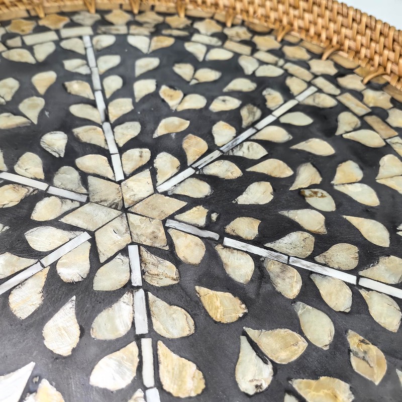 chicapica 16-Inch Black Rattan Lazy Susan with Mother of Pearl