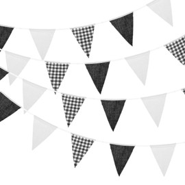 MECCANIXITY 33ft Black White Plaid Checkered Pennant Banner, 36 PCS Triangle Flags Fabric Bunting Banner for Birthday Wedding Outdoor Garden Decor