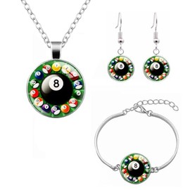 Mandy Xia Pool Billiards Ball Necklace Bracelet Earrings Sets Lucky 8 Ball Pool Player Gift for Billiards Lover (Green)