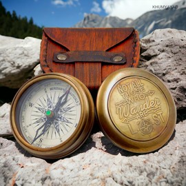 KHUMYAYAD Brass Navigation Compass Antique Marine Nautical Vintage Compass Fully Functional Compass with Leather Case