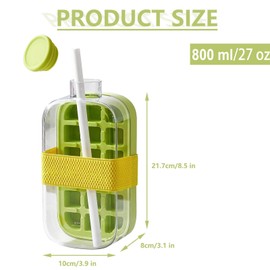 Ice Cube Bottle, 2 in 1 Zero Touch Press Ice Cube Mold Water Bottle with Lid and Bin, Easy Press Ice Tray Water Bottle, Leak Proof Lid, Vertical Ice Maker for Freezer, Travel, Gym & Home Use(800ml)