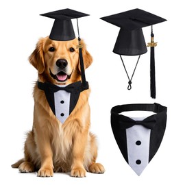 2Pcs Dog Graduation Outfit - Pet Graduation Cap and Formal Dog Tuxedo Bandana Collar with Bow Tie