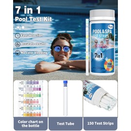 Pawfly 7 in 1 Pool Test Strips, 150 Pool Spa and Hot Tub Test Strips, Quick and Accurate Strips, Pool Water Testing Kit for pH Free Chlorine Total Chlorine Hardness Bromine Cyanuric Acid & Alkalinity