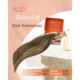 Sunny Hair Genius Weft Hair Extensiond Dark Brown Highlights Caramel Brown Weft Human Hair Extensions Straight Remy Hair Genius Sew in Extensions for Women 16inch