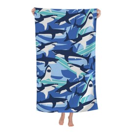 VOOHDDY Fun Shark Pattern Blue Beach Towel Large Soft Absorbent Microfiber Quick Dry Oversized Bath Towels for Bathroom Women Men Pool Camping Travel Swimming Picnic Sports